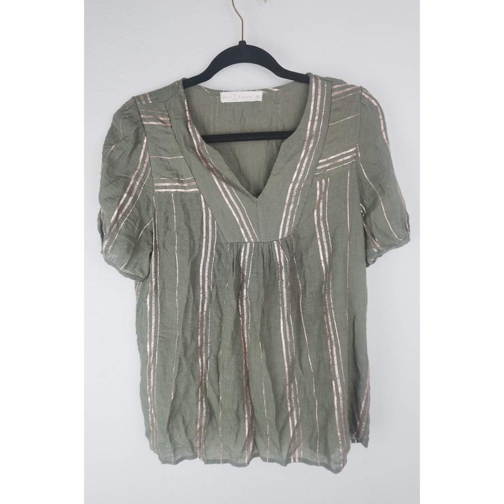 Fair Haven Women‎ Top Large Green Short Sleeve Gold Metallic Cottage Blouse